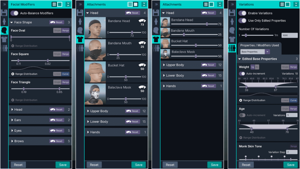 UI for adjusting actor property and clothing/hair variations.